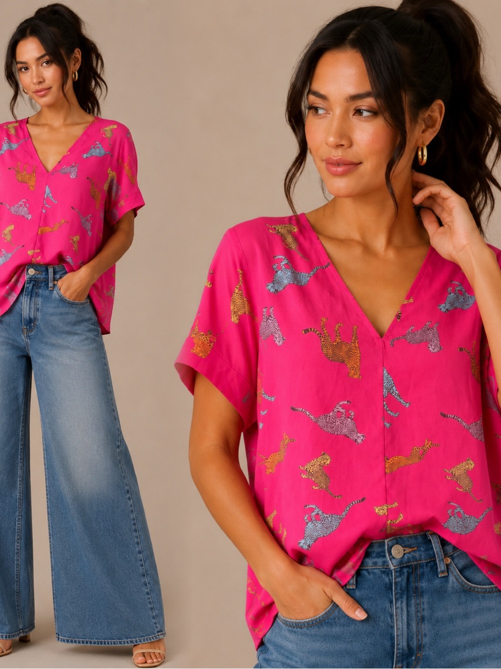 JODIFL Fuchsia V-Neck Short Sleeve Top with Metallic Cat Motif